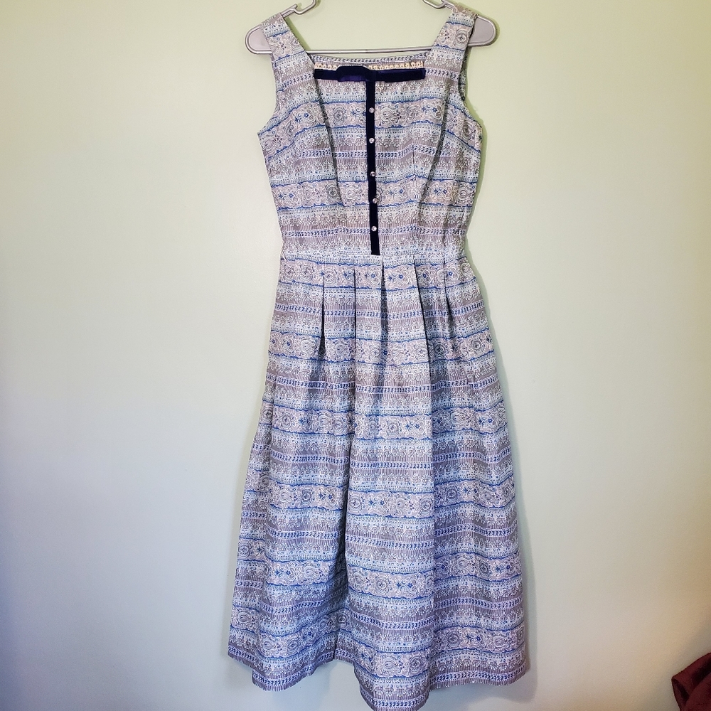 Vtg 1950s Blue Print Patterned Sun Dress Size XS Sock Hop Tea Length Rockabilly